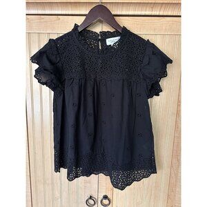 Calypso St. Barth sz M Black Eyelet Ruffle Round Neck Flutter Sleeve Peasant Top